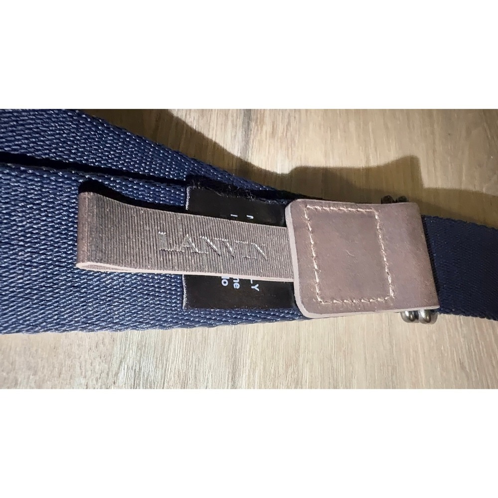 Lanvin Paris Mens D-Ring Web Belt Taupe Navy Blue Woven Designer Made in Italy - Picture 3 of 4